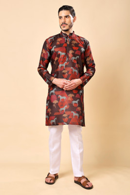 Ashak fashions Men Printed, Floral Print Straight Kurta(Red)