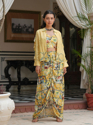 aaraas Women Crop Top Dhoti Pant Ethnic Jacket Set