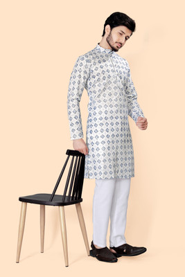 FABWAX Men Printed Straight Kurta(Light Blue)