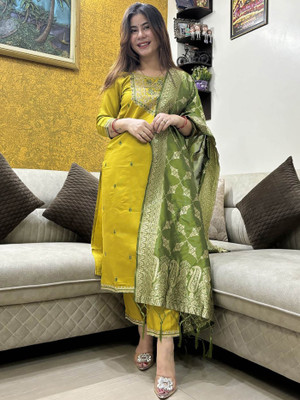 Fabricfantacia Women Embroidered, Woven Design A-line Kurta(Yellow)