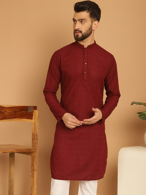 JS COLLECTION Men Embroidered Straight Kurta(Maroon)