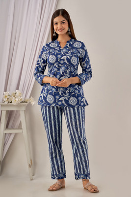 DreamBe Women Floral Print Blue Night Suit Set