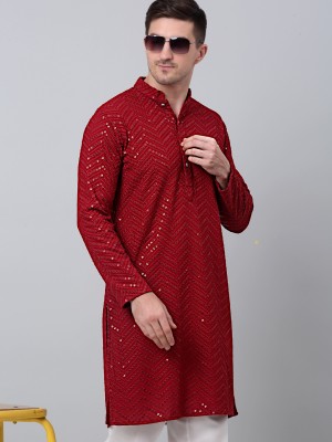 Jompers Men Embroidered Straight Kurta(Maroon)