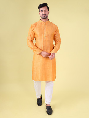 Aurik Men Printed Straight Kurta(Orange)