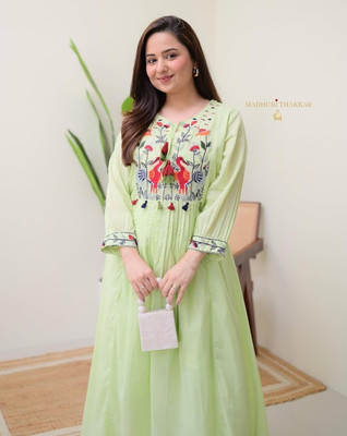 MATIRAAG Women Embroidered A-line Kurta(Green)