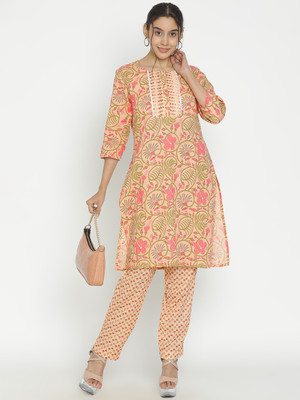 GLADLY Women Floral Print Straight Kurta(Beige)