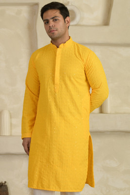 LEMONX Men Embellished Straight Kurta(Yellow)