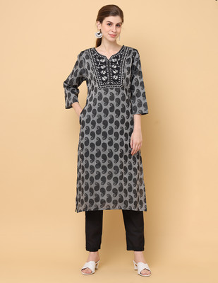 aayusika Women Printed Straight Kurta(Black, Grey)