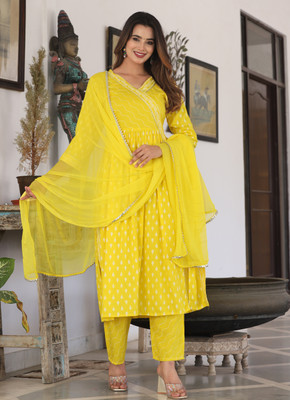 Starc Fashion Women Printed Ethnic Dress Kurta(Yellow)