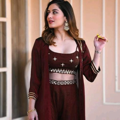 Styleva Women Crop Top Palazzo Ethnic Jacket Set