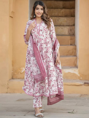 Lamba Creations Floral Print Anarkali Kurta, Bottom & Dupatta Set
