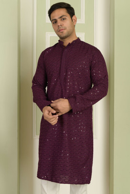 LEMONX Men Self Design Straight Kurta(Purple)