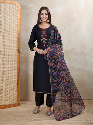 HOUSE OF COMMON Embroidered Kurta, Churidar & Dupatta Set