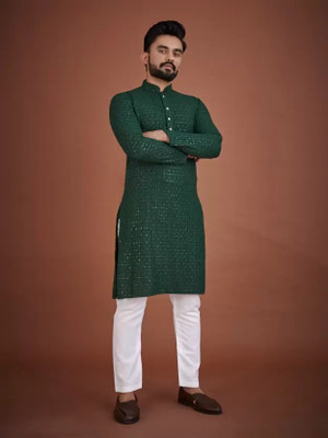 DIAMOND CLUSTER Men Embroidered Straight Kurta(Dark Green)