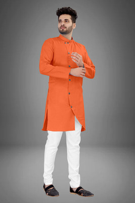 CRYSTALREVENUE Men Solid Straight Kurta(Orange)