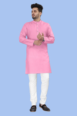 VyomCreation Men Solid Straight Kurta(Pink)