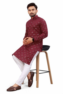 JENJEE Men Embellished Straight Kurta(Maroon)