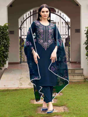 Fabricfantacia Women Embroidered, Floral Print A-line Kurta(Dark Blue)