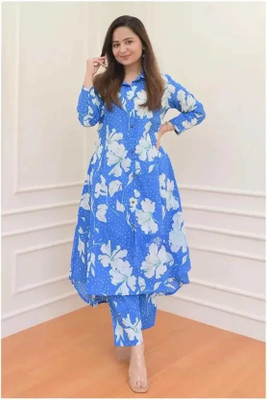 gangfab Women Floral Print Anarkali Kurta(Light Blue)