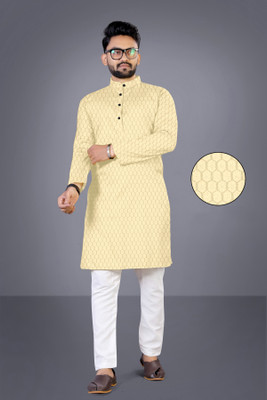 clickby Men Printed Straight Kurta(Yellow)