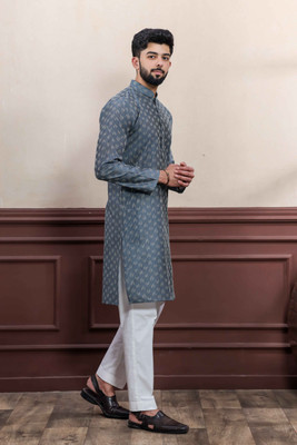 Koshin Men Printed Straight Kurta(Grey)