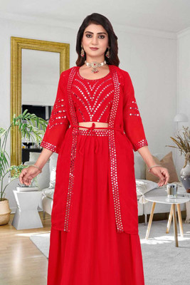 Krishna Creation Women Crop Top Skirt Ethnic Jacket Set