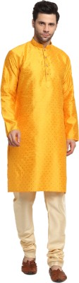 kraft india Men Polka Print Straight Kurta(Yellow)