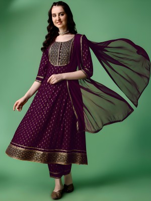 QUEENSFAB Embroidered Anarkali Kurta, Bottom & Dupatta Set