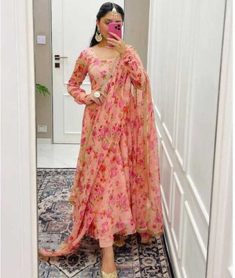 Neer Fab Floral Print Anarkali Kurta, Bottom & Dupatta Set