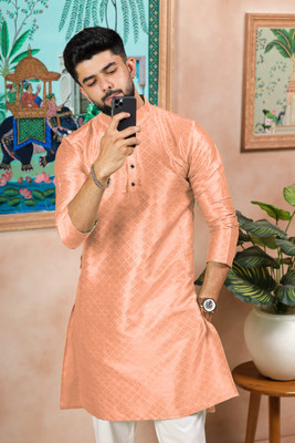 Koshin Men Block Print Straight Kurta(Pink)