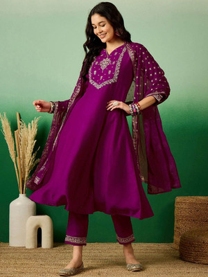 Sangria Embroidered Kurta, Trouser/Pant & Dupatta Set