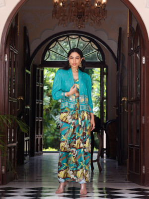 aaraas Women Crop Top Palazzo Ethnic Jacket Set