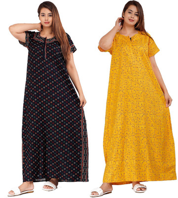 Toomley Women Nighty(Yellow, Black)