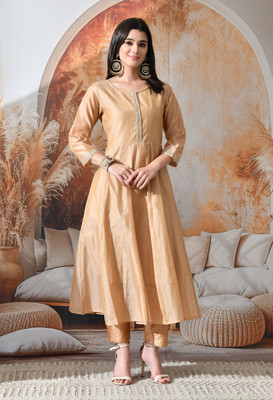 DECKEDUP Women Solid, Embellished Anarkali Kurta(Brown)