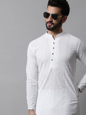 Jompers Men Embroidered Straight Kurta(White)