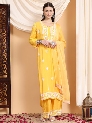 Poshak Chikan Studio Women Kurta Palazzo Dupatta Set
