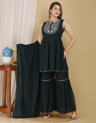 BLEVY Embroidered Kurta, Sharara & Dupatta Set