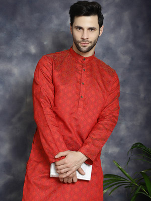 Jompers Men Woven Design Straight Kurta(Red)