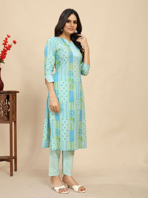 J4 Fab Women Block Print Straight Kurta(Light Blue)