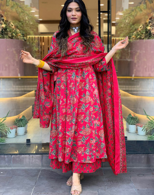 Tasrika Floral Print Anarkali Kurta, Bottom & Dupatta Set