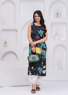 NYPA Women Printed Straight Kurta(Black)