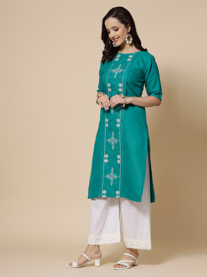VIIVDH CREATIONS Women Embroidered A-line Kurta(Dark Green)
