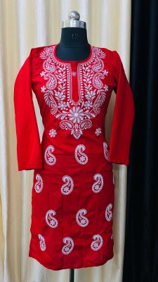 malabis Women Chikan Embroidery Straight Kurta(Red)