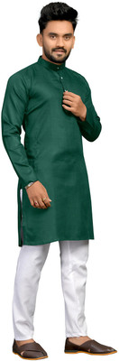Enmozz Men Solid Straight Kurta(Dark Green)