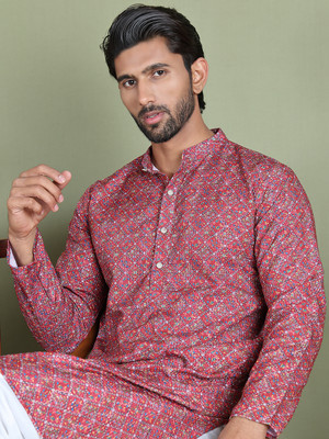 Jompers Men Printed Straight Kurta(Maroon)