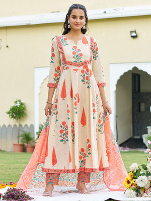 Tasrika Printed Anarkali Kurta, Bottom & Dupatta Set
