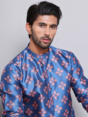 Jompers Men Printed Straight Kurta(Blue)