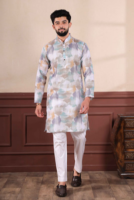 Koshin Men Printed Straight Kurta(White)
