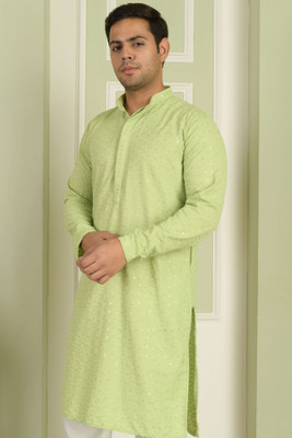 LEMONX Men Self Design Straight Kurta(Green)
