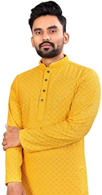 Growwax Men Embellished Straight Kurta(Yellow)